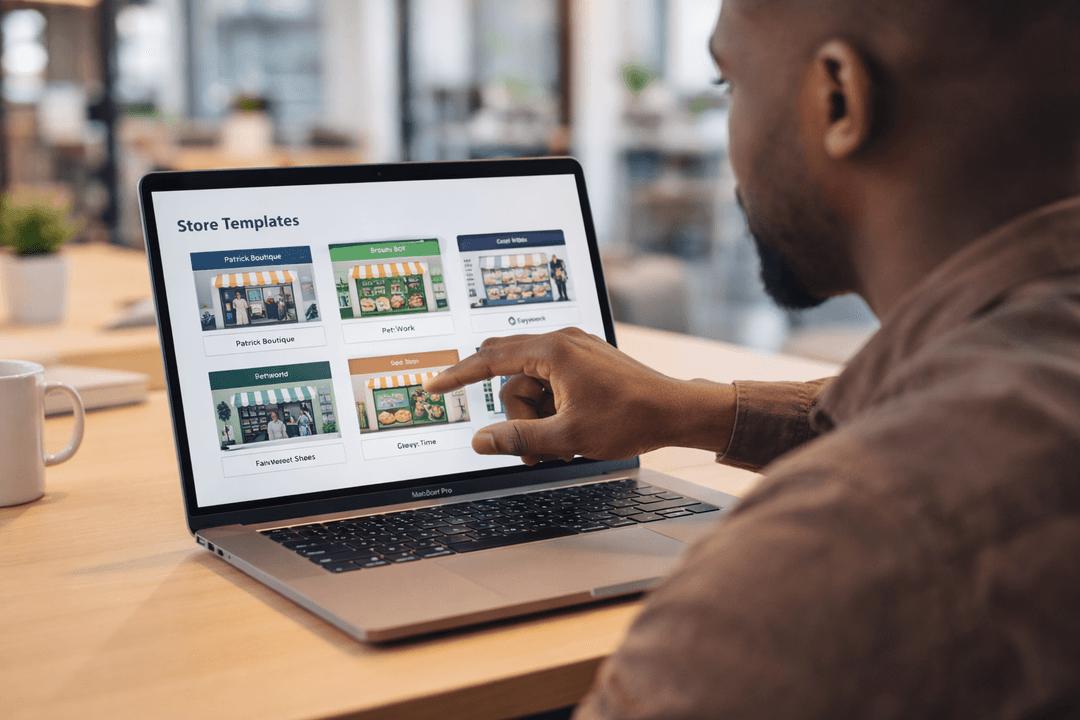 Nigerian entrepreneur browsing store templates on MacBook showing template gallery