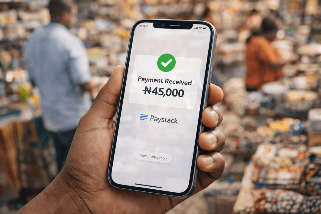 Smartphone showing Paystack payment confirmation with Nigerian Naira amount in Lagos market