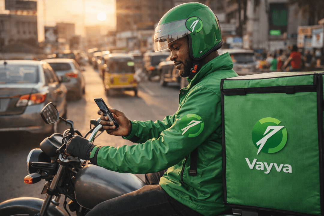 Vayva-branded delivery rider on motorcycle checking smartphone in Lagos traffic